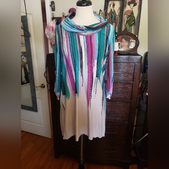 Alfani Tops - Alfani Teal, Purple & White Striped Cowl Neck Tunic